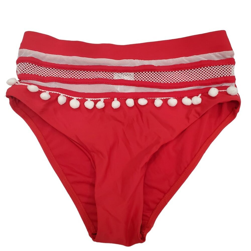 Stylish Swimwear Women's Red White Pom Pom Mesh High Waist Bikini Bottoms NWOT M